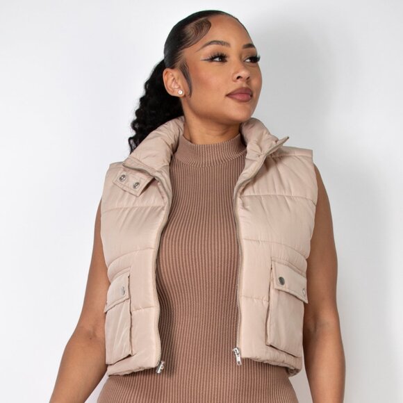 Women's Zip-Up Puffed Pocketed Crop Vest - Tan - Picture 2 of 5